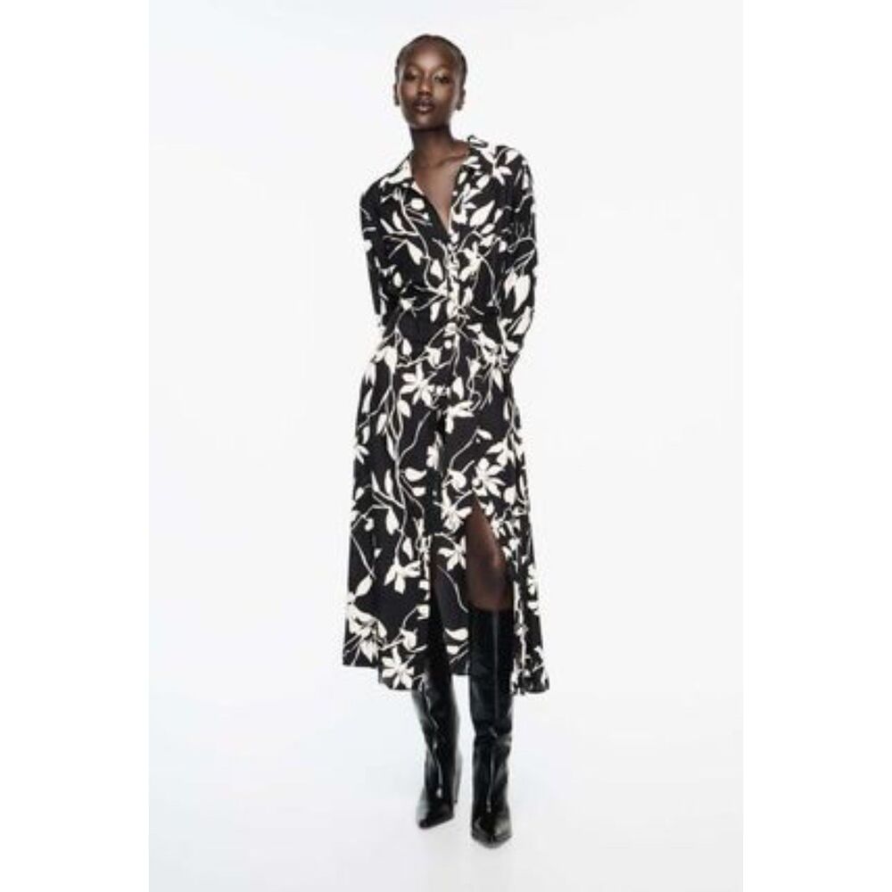 ZARA FLORAL ECRU BLACK PRINT BELTED SHIRT DRESS